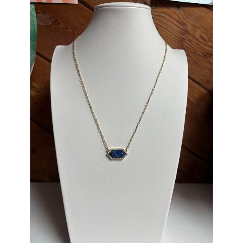 Gold-tone Marbled Blue Rhinestone Pendant Necklace 18"